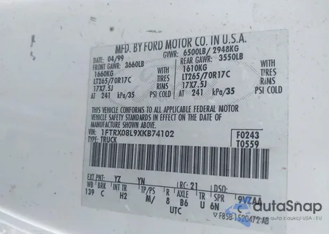 1999 Ford F-150 Lariat/Xl/Xlt из США, поврежденный, VIN 1FTRX08L9XKB74102